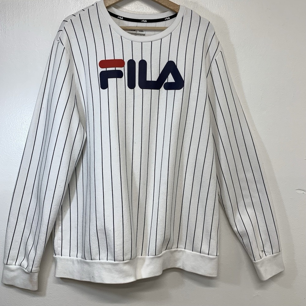 Fila Blue White Stripe Crew‎ Neck Sweatshirt Men XL Spell Out Fleece Lined READ